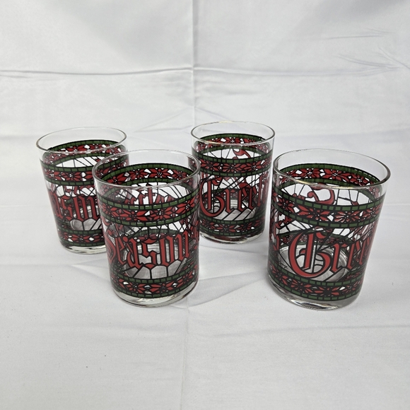 Vintage Houze Stained Glass Seasons Greetings Christmas Glasses 12 oz Set Of 4 - Picture 1 of 14